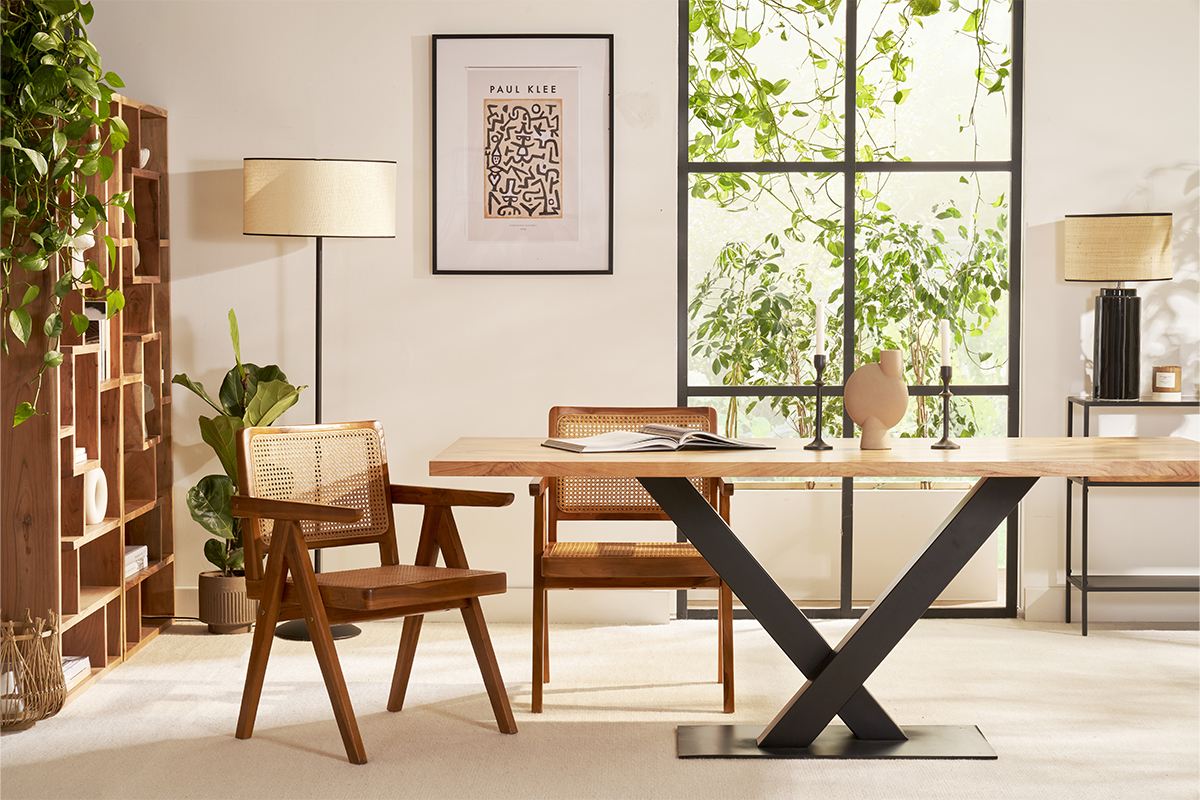 Table � manger rectangulaire industrielle en bois massif et m�tal noir L200 cm VALLEY