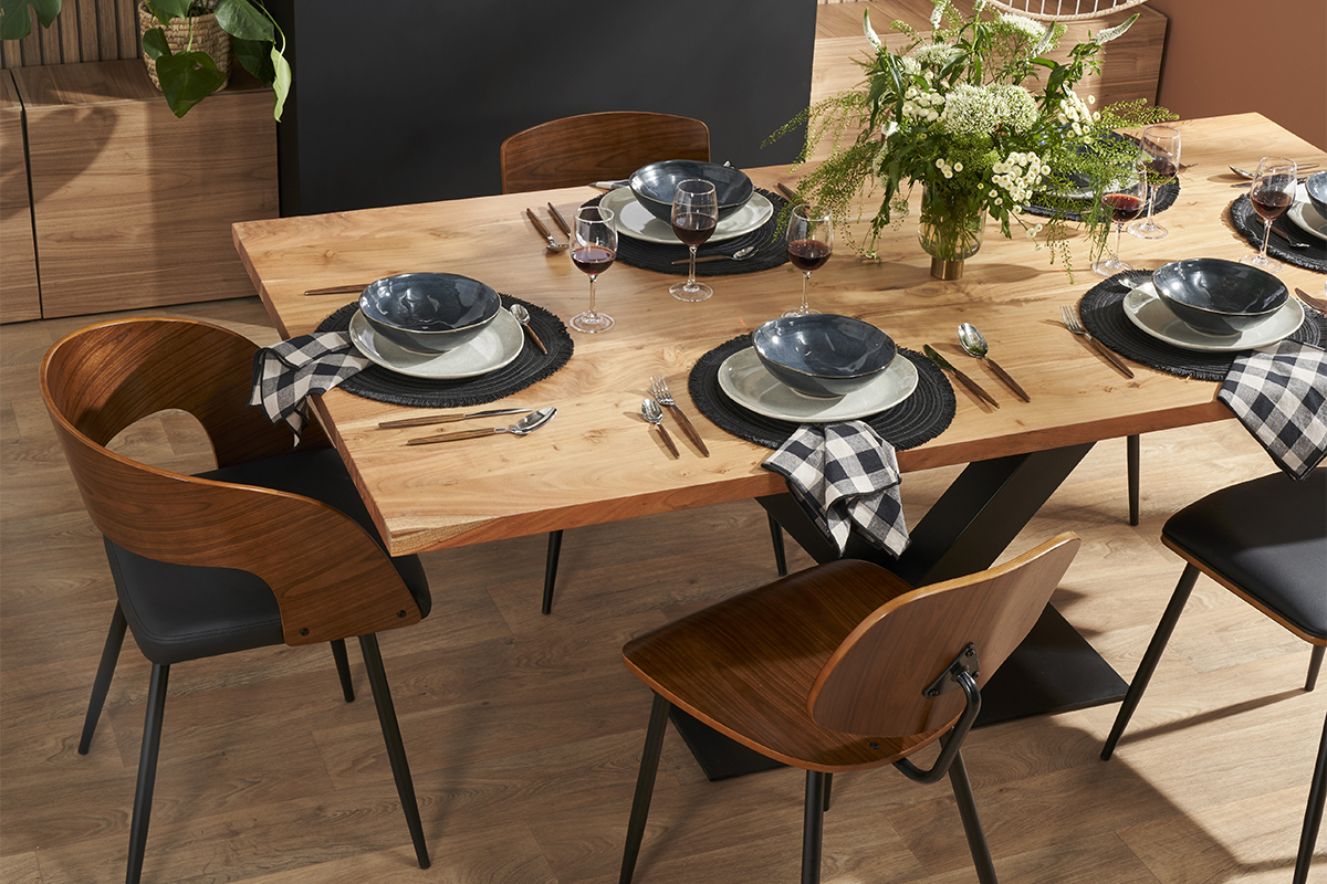 Table � manger rectangulaire industrielle en bois massif et m�tal noir L200 cm VALLEY