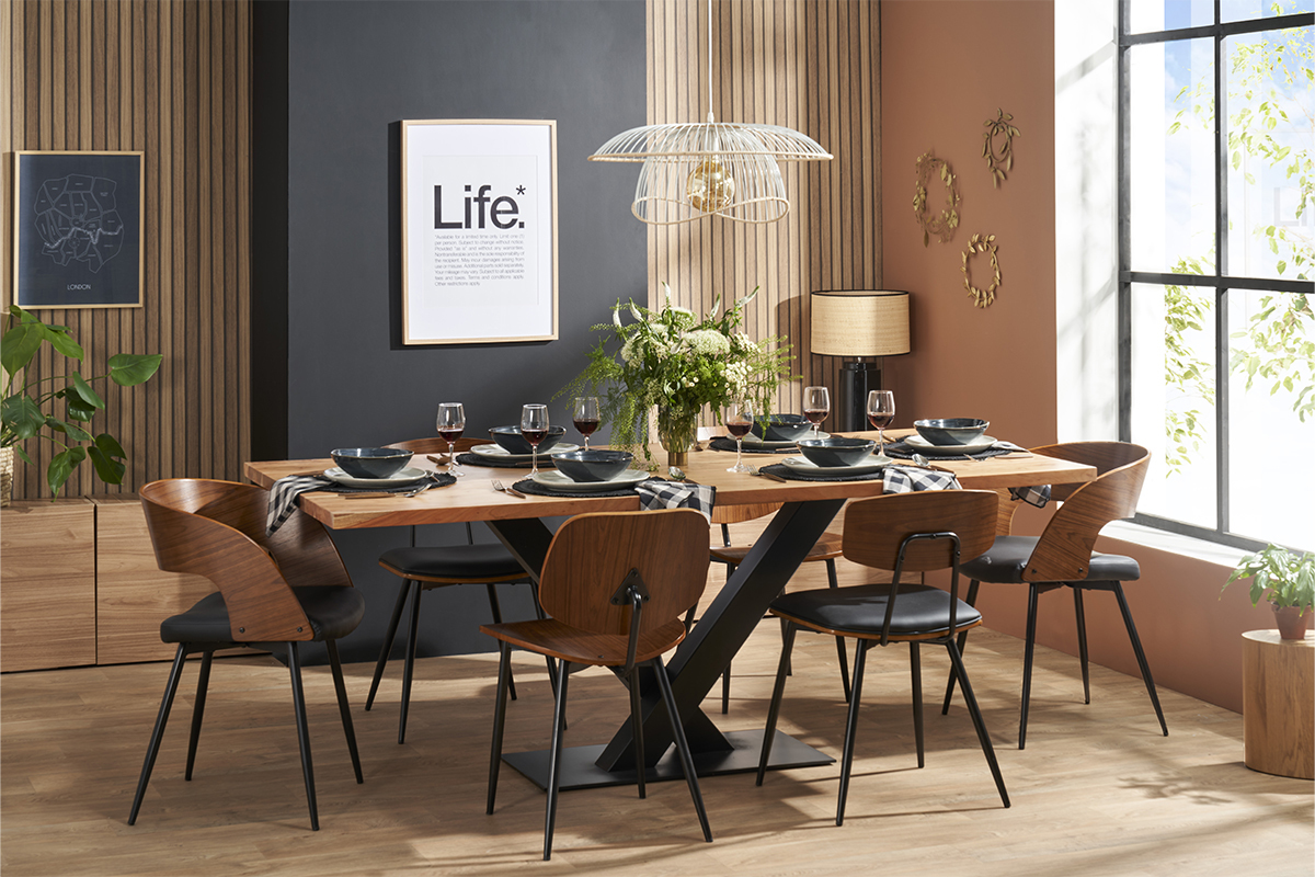 Table � manger rectangulaire industrielle en bois massif et m�tal noir L200 cm VALLEY