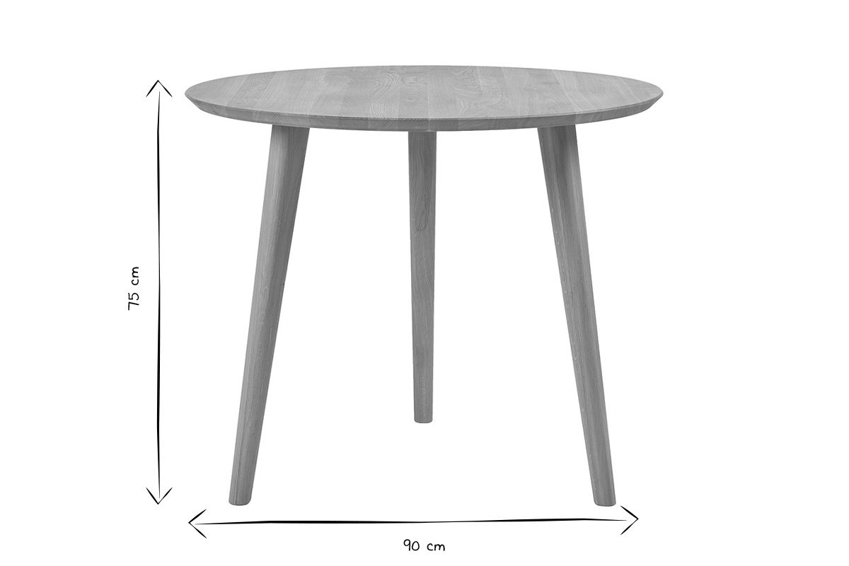 Dimensions de la table ronde en ch�ne, D90 cm, H75 cm, en noir et blanc