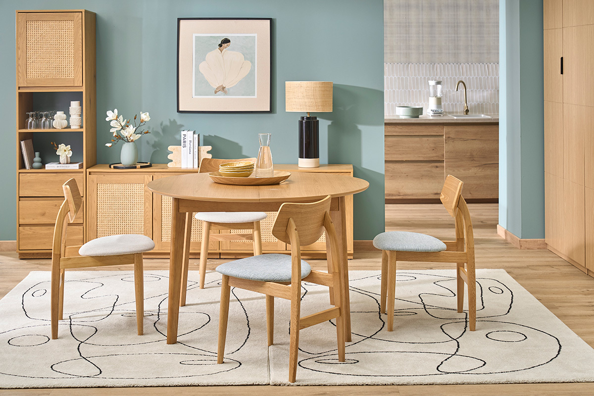 Table � manger ronde extensible avec rallonges int�gr�es en bois clair ch�ne L120-150 cm ANSEL