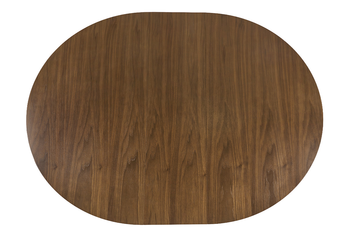 Table � manger ronde extensible noyer vue de dessus.