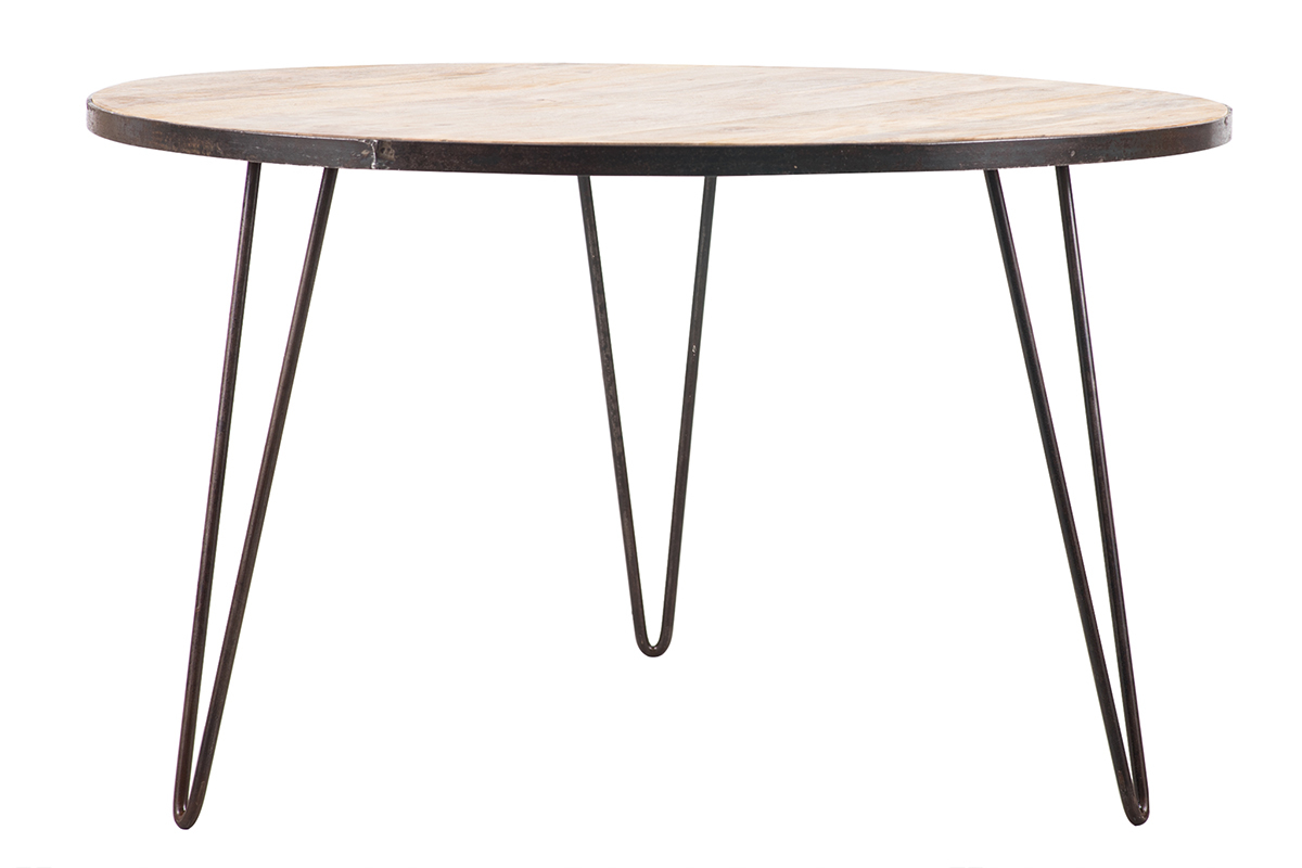 Table � manger ronde industrielle en bois manguier avec pieds en m�tal, vue de face.