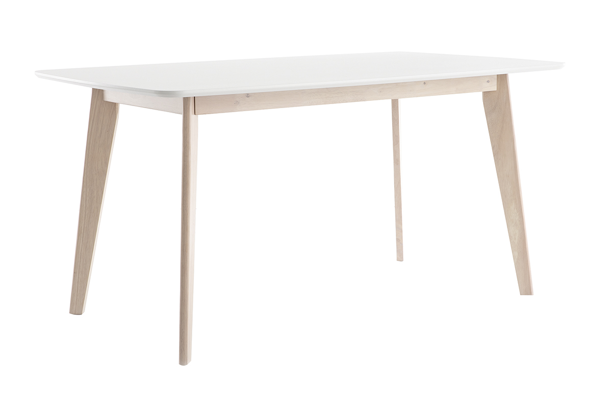 Table � manger scandinave rectangulaire blanche et bois clair, vue de 3/4, L150 cm, mod�le LEENA.