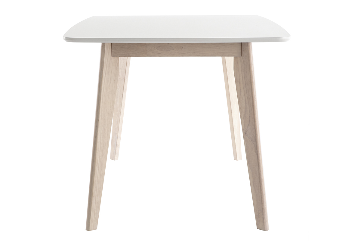 Table � manger scandinave rectangulaire L150 cm en bois clair et plateau blanc, vue de profil.