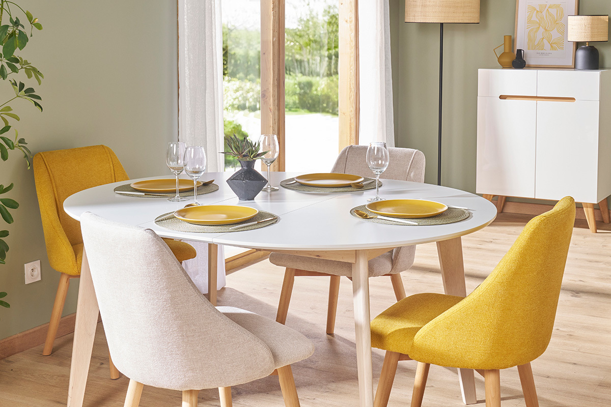 Table � manger scandinave ronde extensible blanc et bois L120-150 cm LEENA