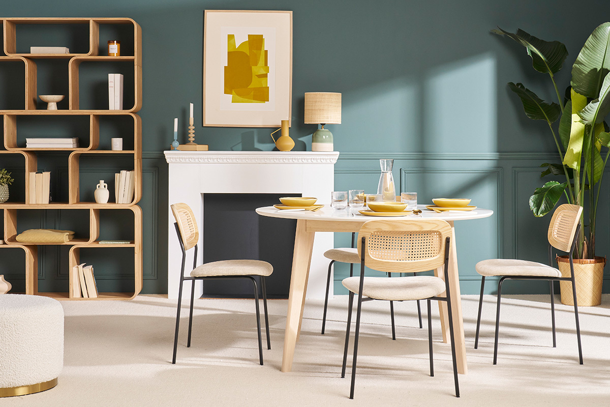 Table � manger scandinave ronde extensible blanc et bois L120-150 cm LEENA