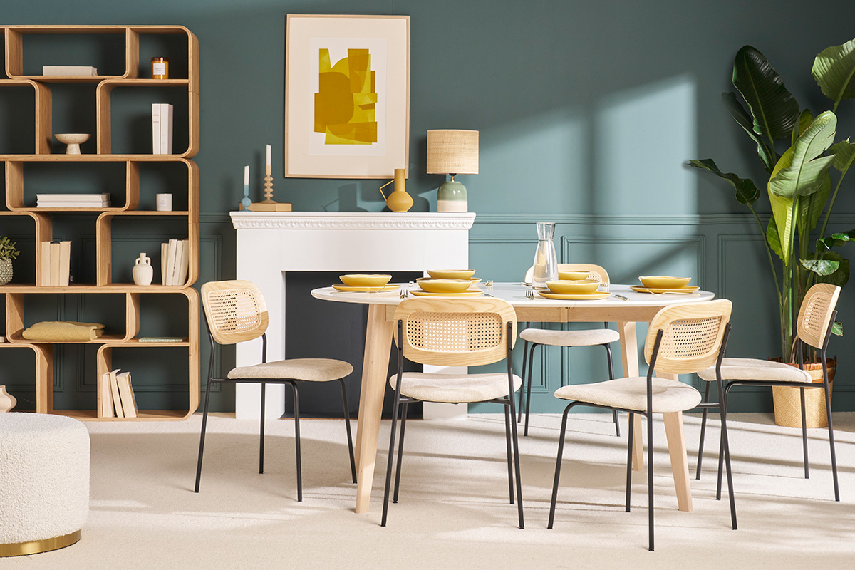 Table � manger scandinave ronde extensible blanc et bois L120-150 cm LEENA