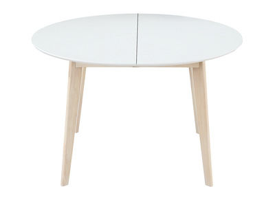Table &agrave; manger scandinave ronde extensible blanc et bois L120-150 cm LEENA