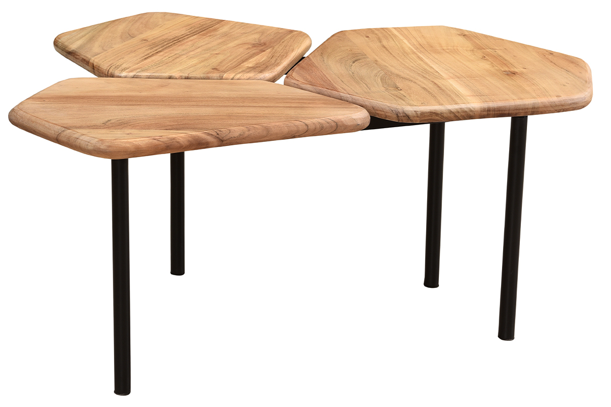 Table basse 3 plateaux bois massif et m�tal noir L95 cm SUZANE