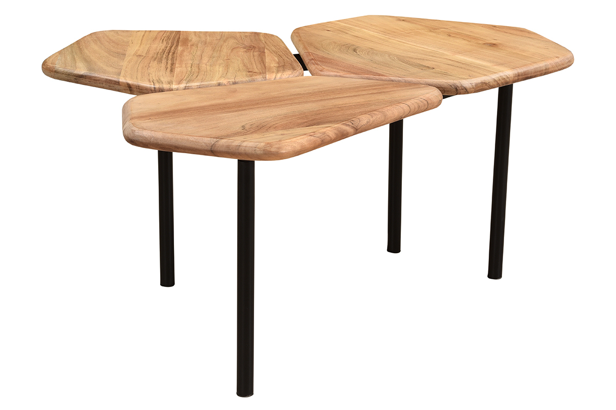 Table basse 3 plateaux bois massif et m�tal noir L95 cm SUZANE