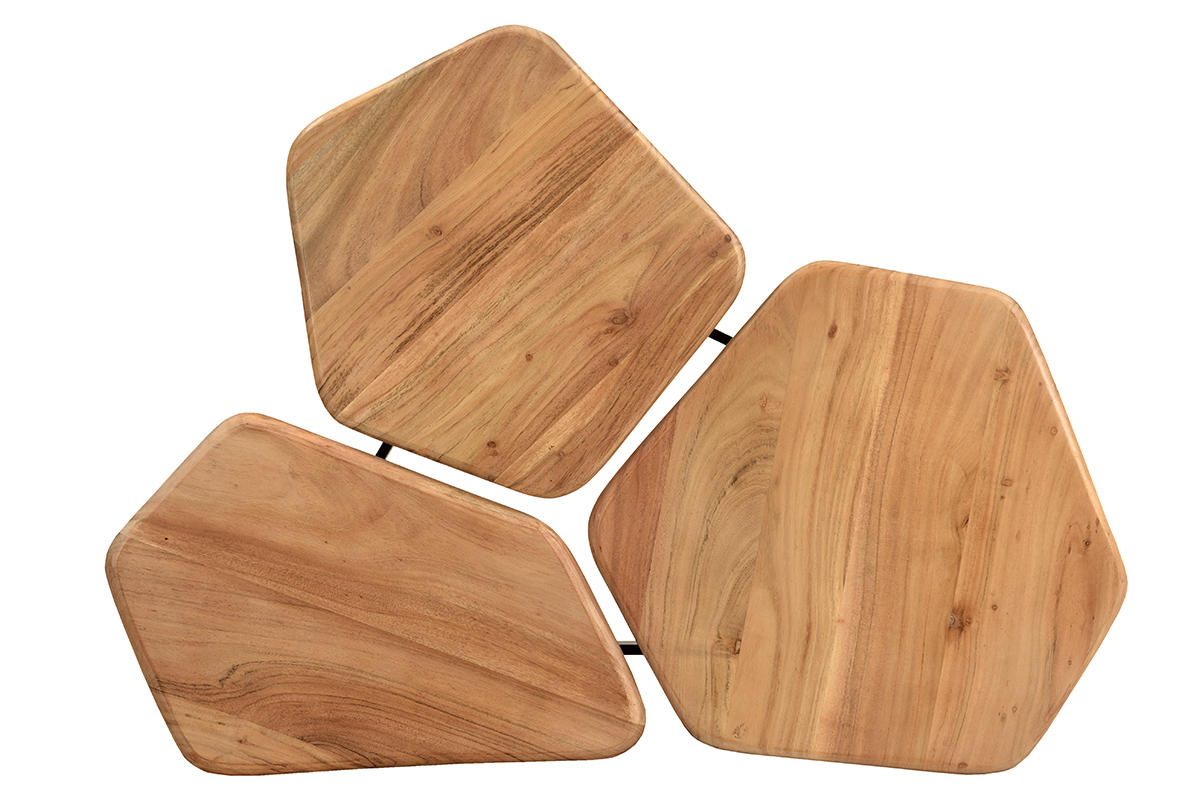 Table basse 3 plateaux bois massif et m�tal noir L95 cm SUZANE
