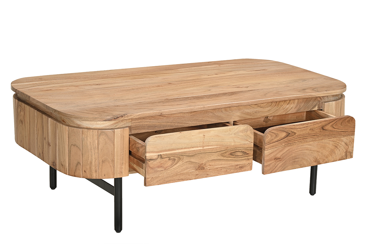 Table basse avec rangements en bois massif et m�tal noir 4 tiroirs L115 cm NAPOLI
