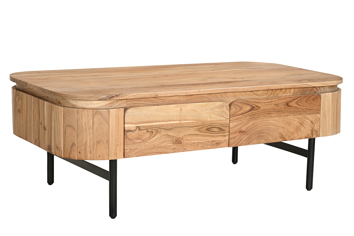 Table basse avec rangements en bois massif et m�tal noir 4 tiroirs L115 cm NAPOLI