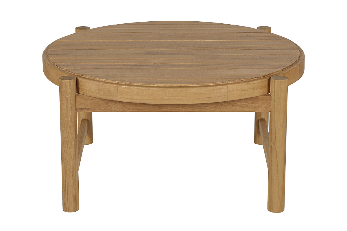 Table basse ronde en bois teck massif, 80 cm de diam�tre, vue de profil