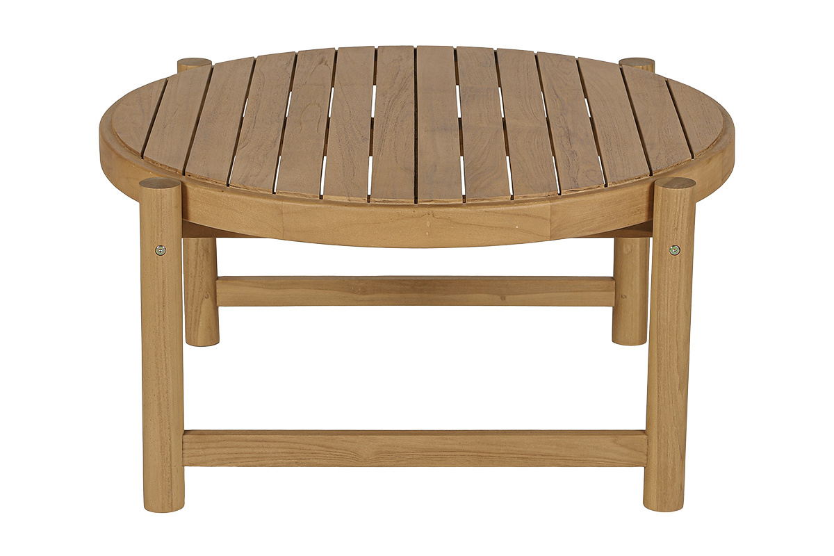 Table basse de jardin ronde en teck massif, vue de face, D80 cm, pieds ronds.