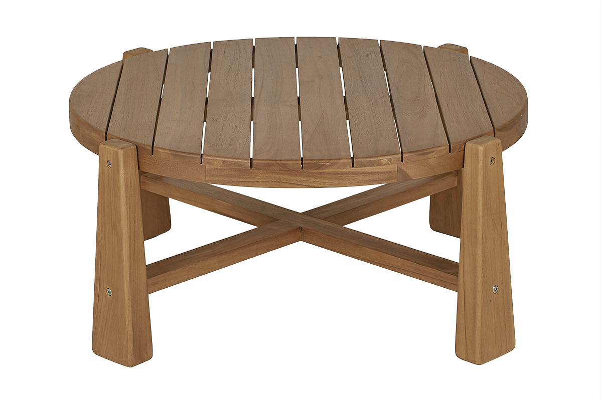 Table basse ronde en teck massif de 82 cm, vue de face, avec pieds en croix et plateau � lattes.