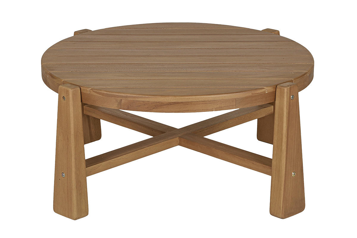 Table basse ronde en teck massif avec pieds triangulaires, vue de profil