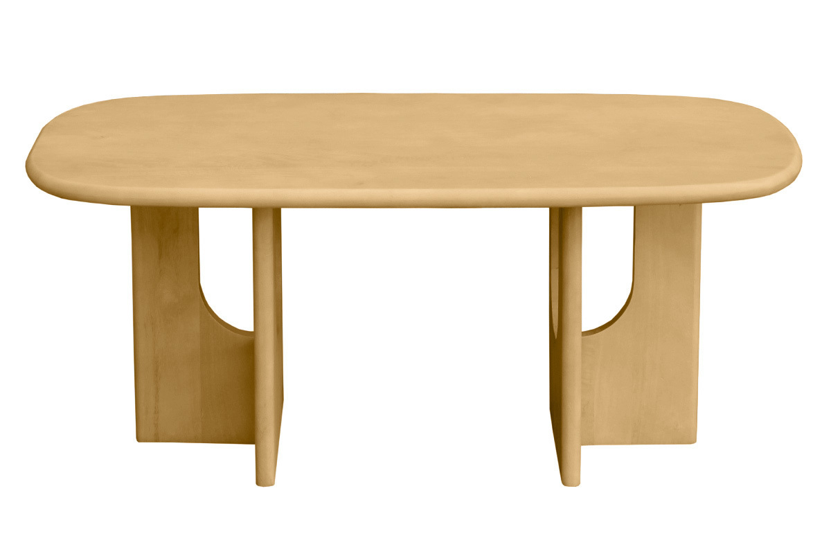 Table basse design en bois clair de manguier massif, forme rectangulaire avec bords arrondis.