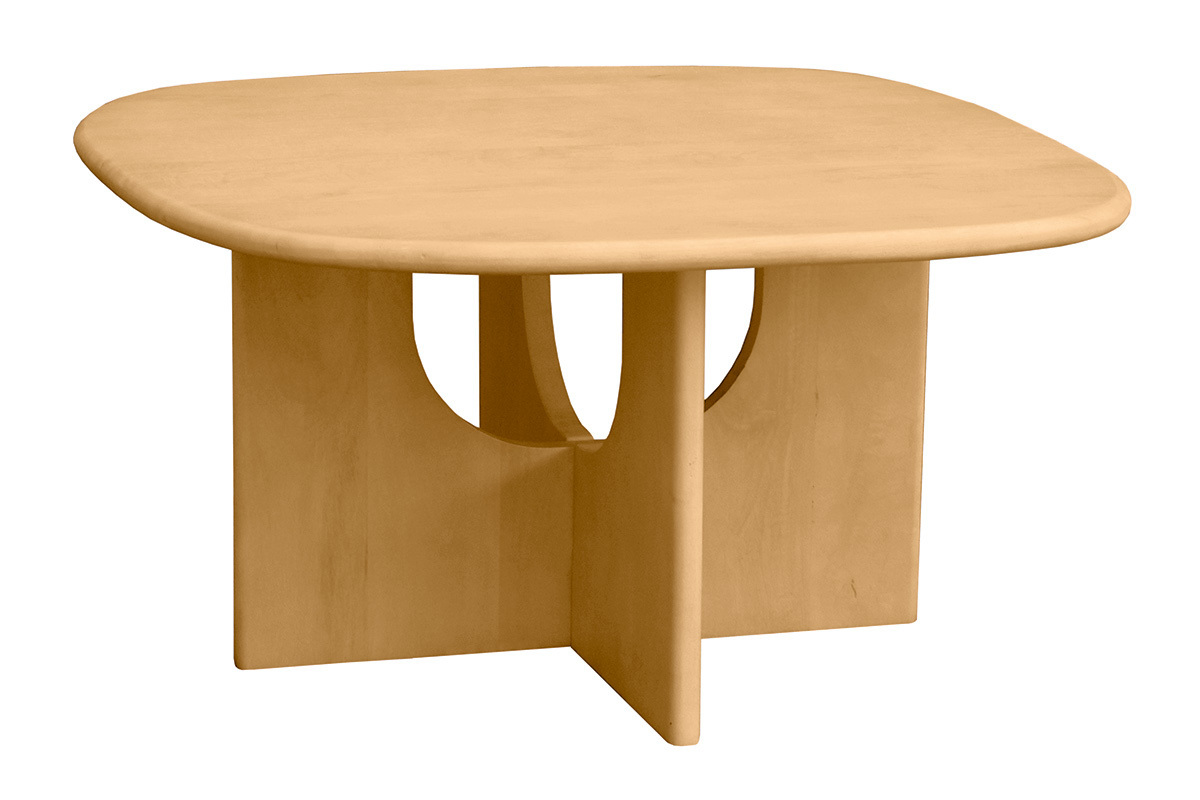 Table basse carr�e en manguier massif, design �pur� avec bords arrondis, vue de 3/4.