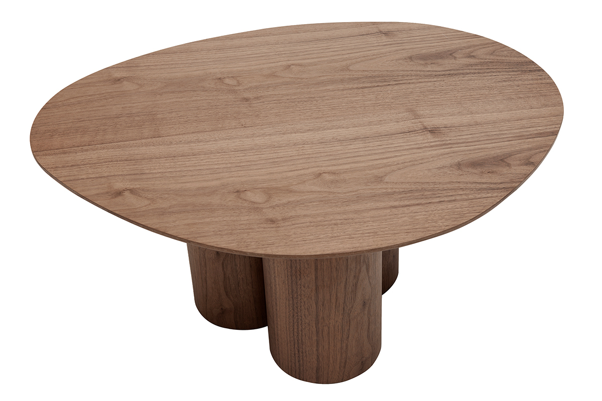 Table basse ovale en bois fonc� avec trois pieds cylindriques. Vue de haut.