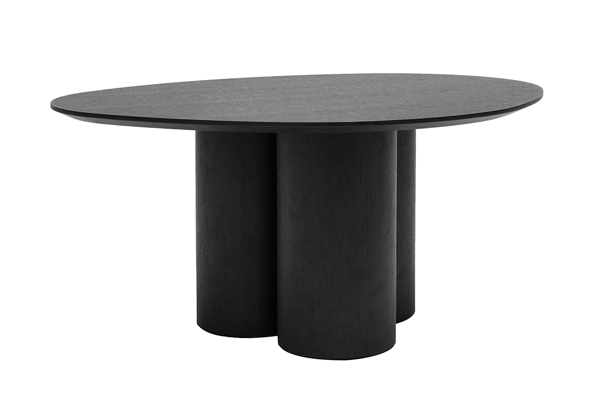 Table basse noire design avec plateau ovale et base cylindrique, vue de trois quarts.