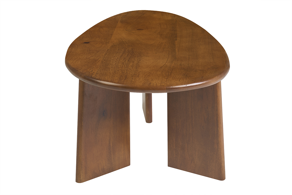 Table basse design en bois manguier massif, forme ovale, vue de profil