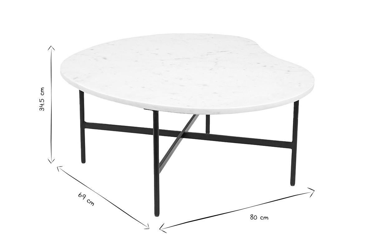 Table basse SASSO en marbre blanc et m�tal noir, dimensions indiqu�es, vue de profil, noir et blanc.