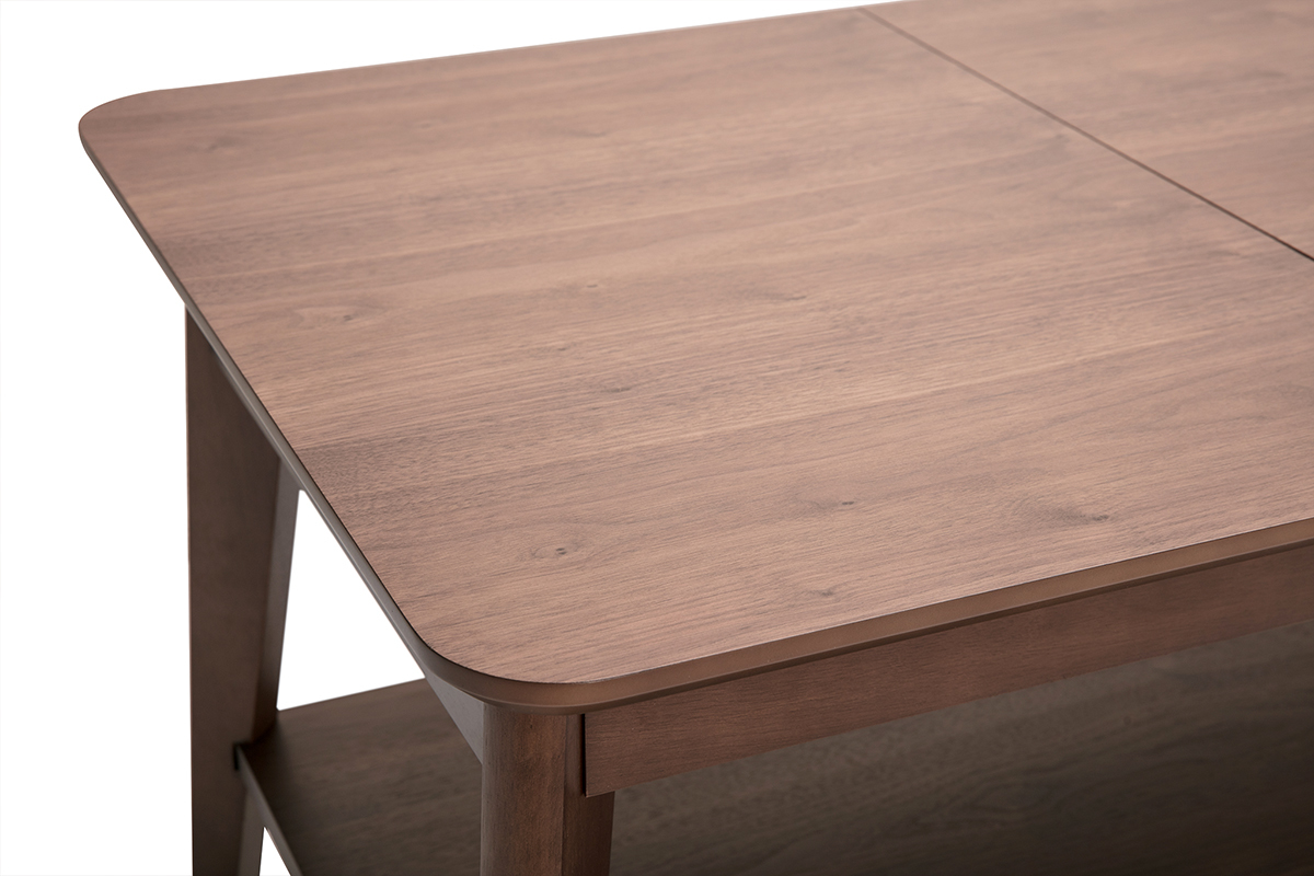 Table basse rectangulaire extensible en bois fonc�, vue de dessus, d�tails du plateau.