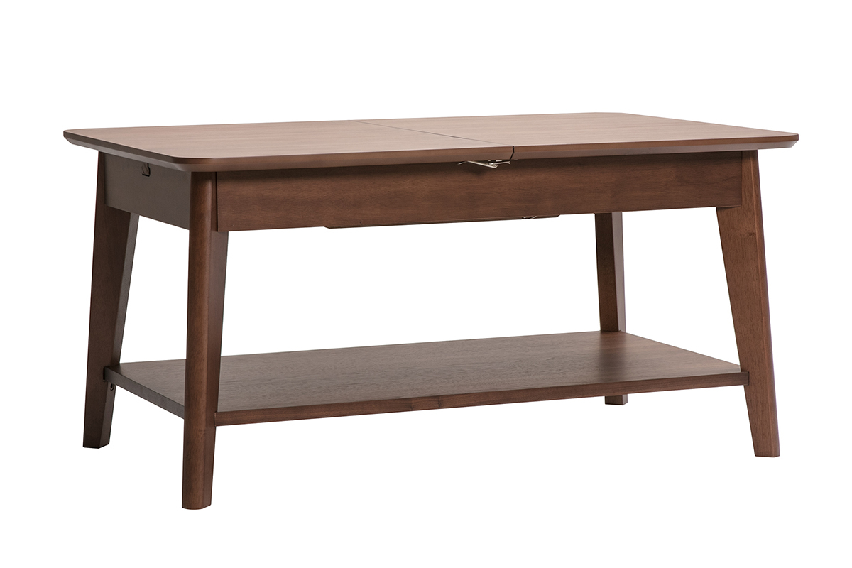 Table basse extensible rectangulaire en bois fonc�, vue de 3/4.