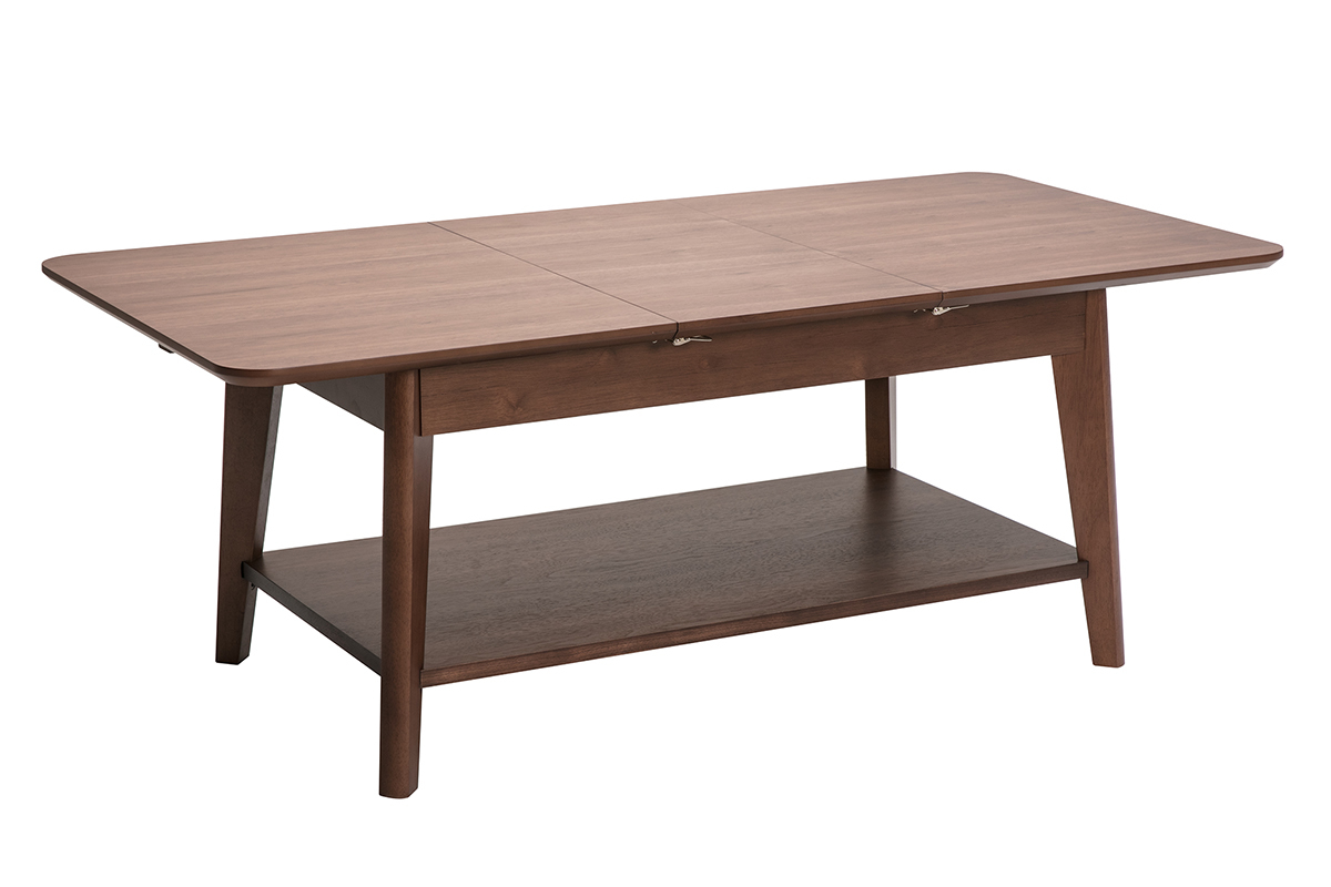 Table basse extensible rectangulaire en bois fonc�, vue de 3/4 avec �tag�re en dessous