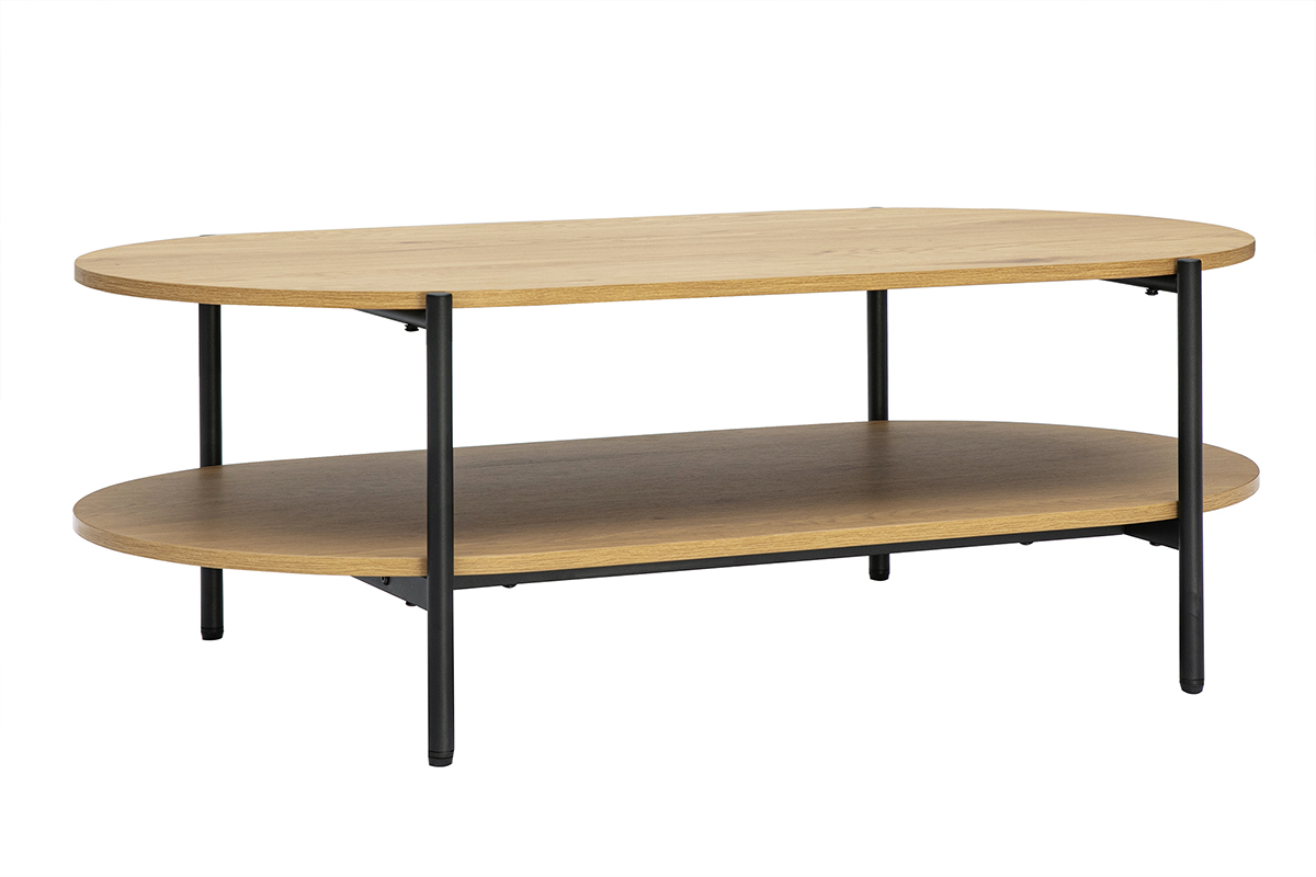Table basse ovale en bois clair et m�tal noir, vue de 3/4.