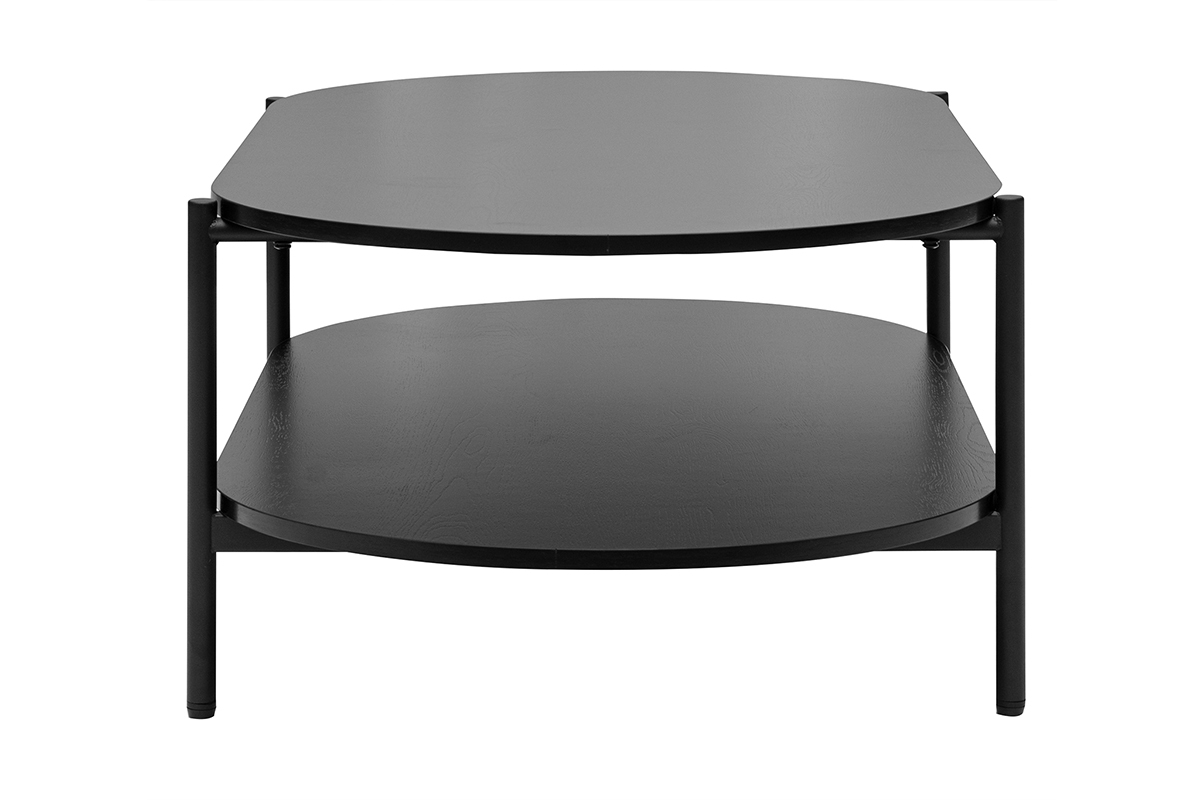 Table basse ovale noire avec double plateau en m�tal, vue de profil.