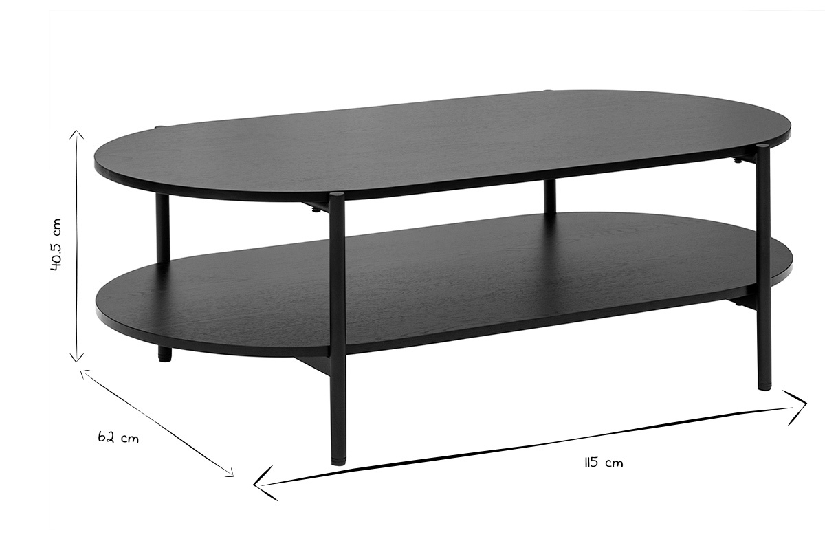 Table basse ovale noire 115x62x40,5 cm, vue de c�t�, en noir et blanc.