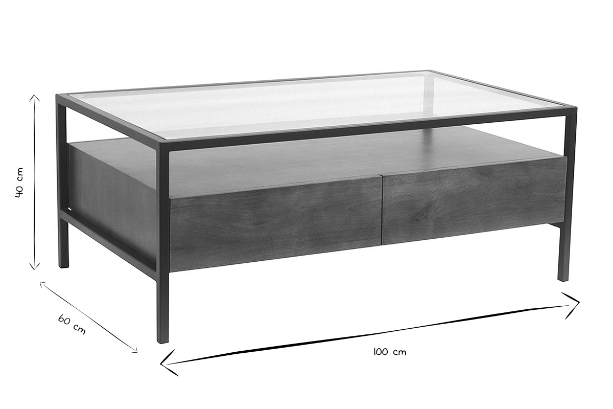 Dimensions de la table basse SITA: L100 cm, l60 cm, H40 cm, en noir et blanc.