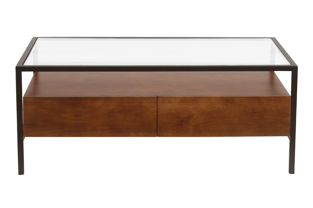 Table basse rectangulaire avec rangements en bois fonc�, verre et m�tal noir, vue de face.