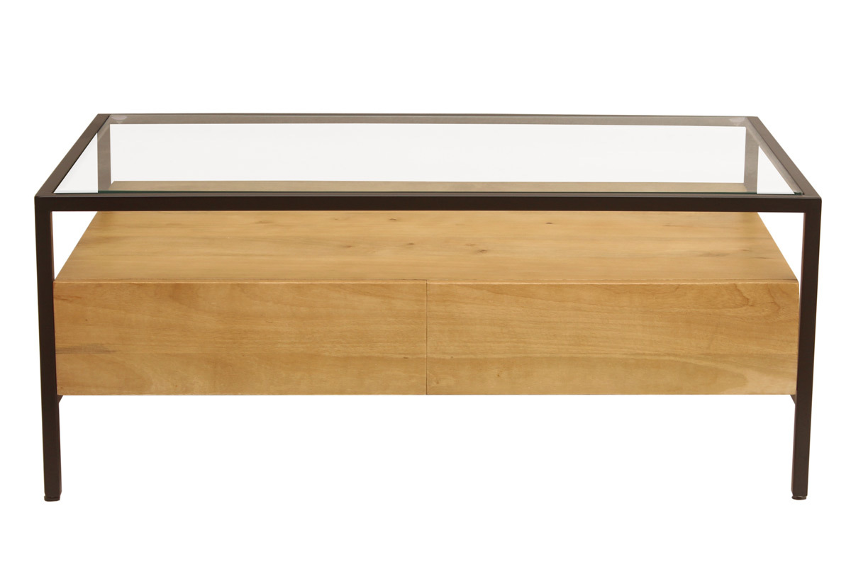 Table basse rectangulaire avec rangements en bois manguier massif, verre et m�tal noir L100 cm SITA