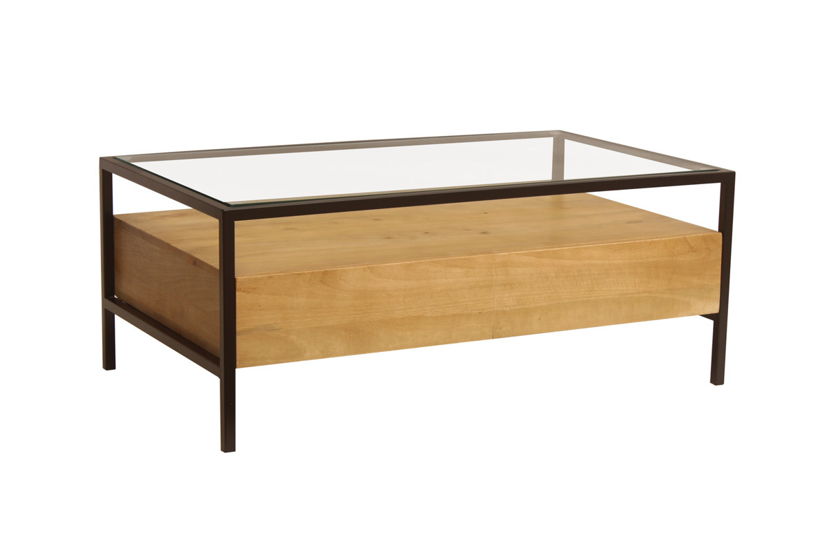 Table basse rectangulaire avec rangements en bois manguier massif, verre et m�tal noir L100 cm SITA