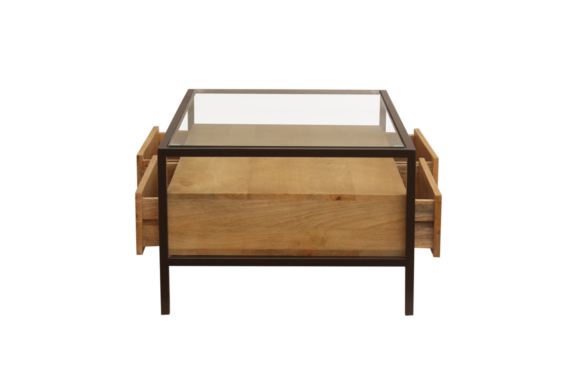 Table basse rectangulaire avec rangements en bois manguier massif, verre et m�tal noir L100 cm SITA