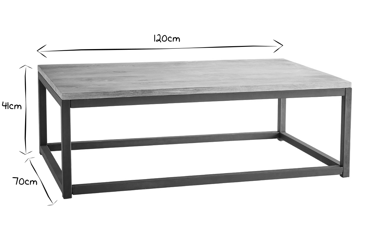 Table basse rectangulaire en noir et blanc, dimensions L120 cm, H41 cm, P70 cm.