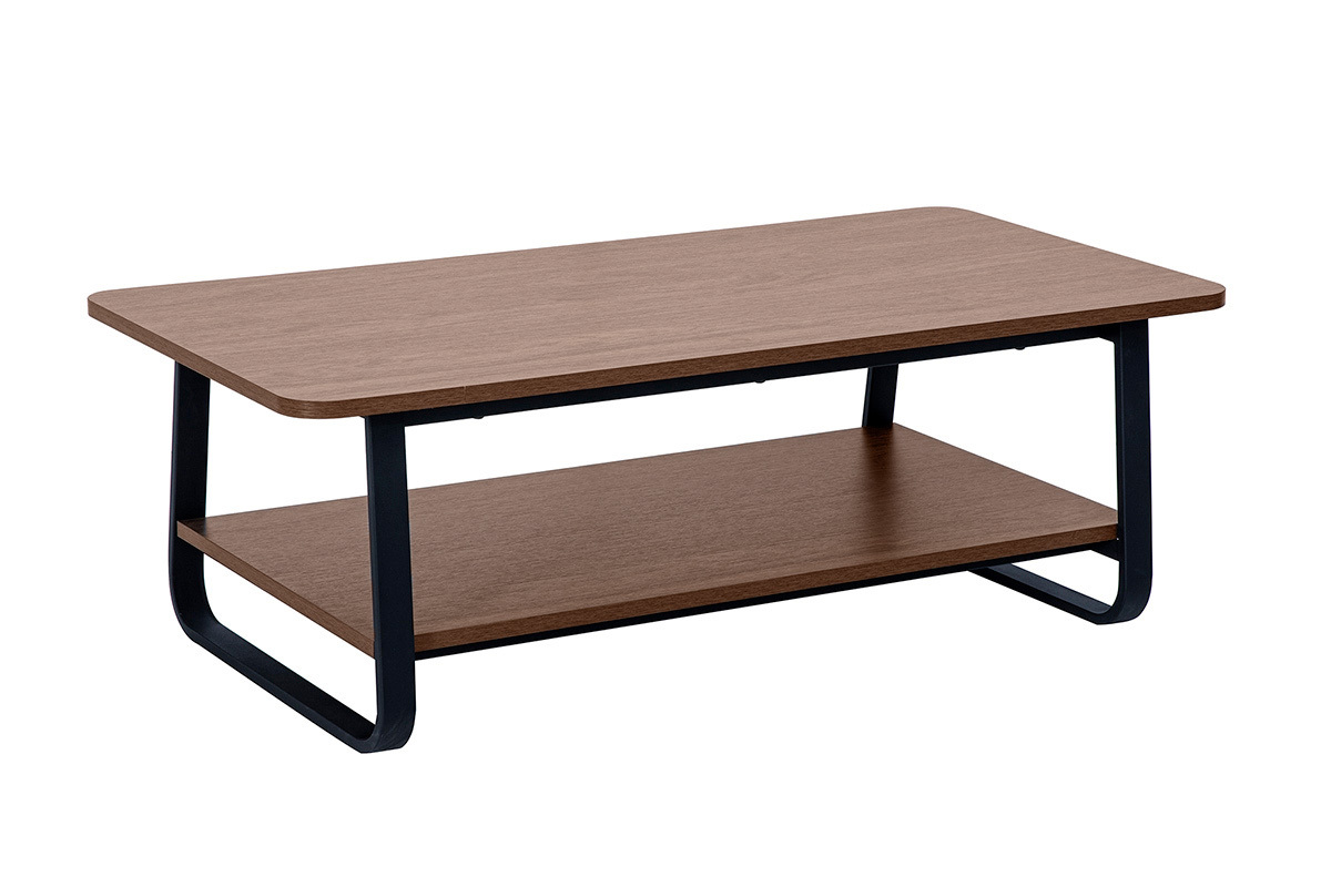 Table basse rectangulaire en bois noyer et m�tal noir, vue de trois quarts