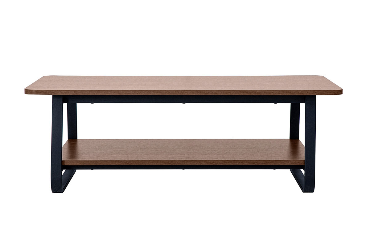 Table basse rectangulaire en bois noyer et m�tal noir, vue de face