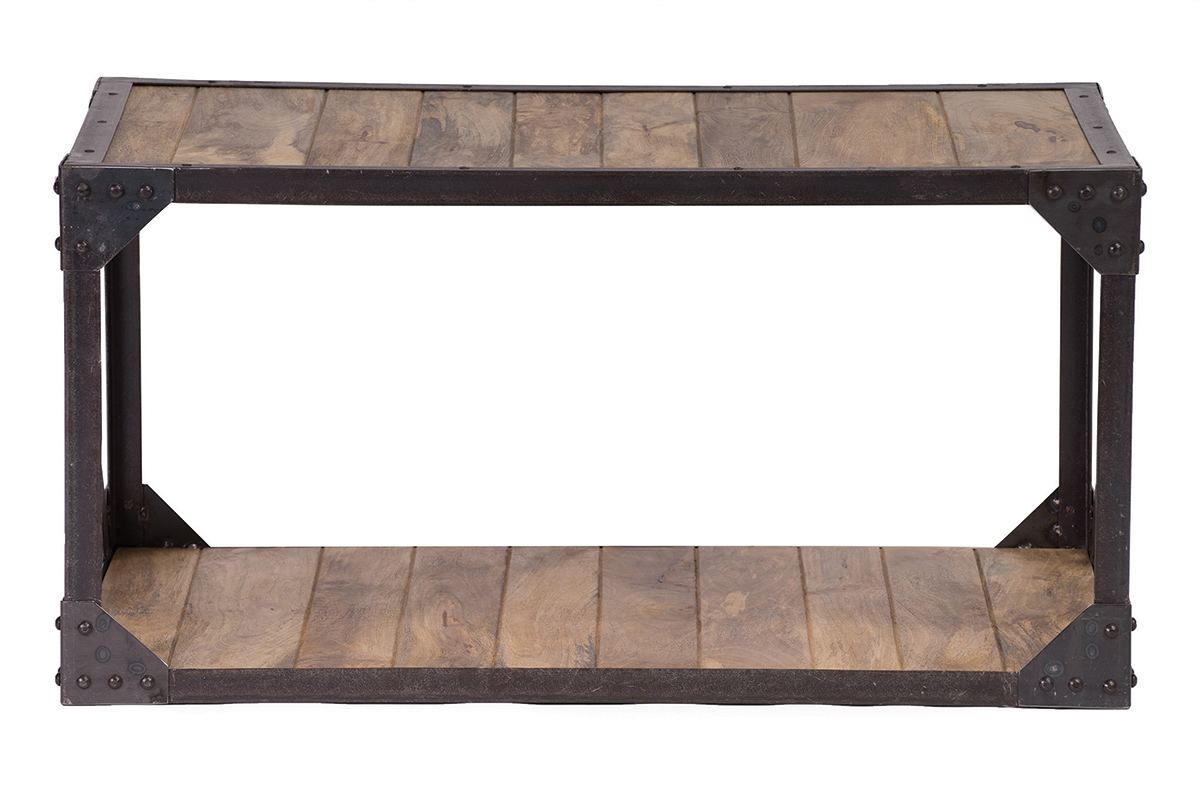 Table basse rectangulaire industrielle bois manguier massif et m�tal noir L90 cm ATELIER