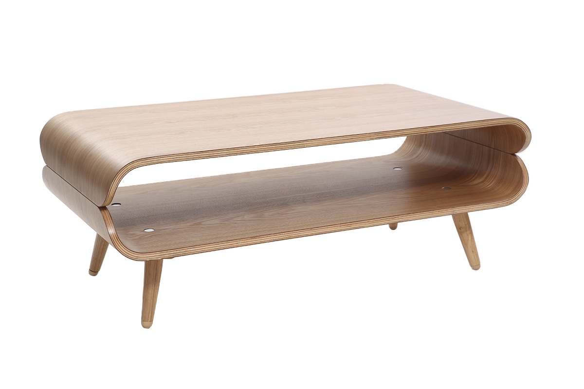 Table basse rectangulaire en bois clair avec espace de rangement, vue de 3/4.