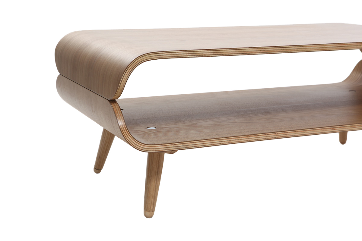 Table basse scandinave en bois clair avec rangements, vue zoom�e.