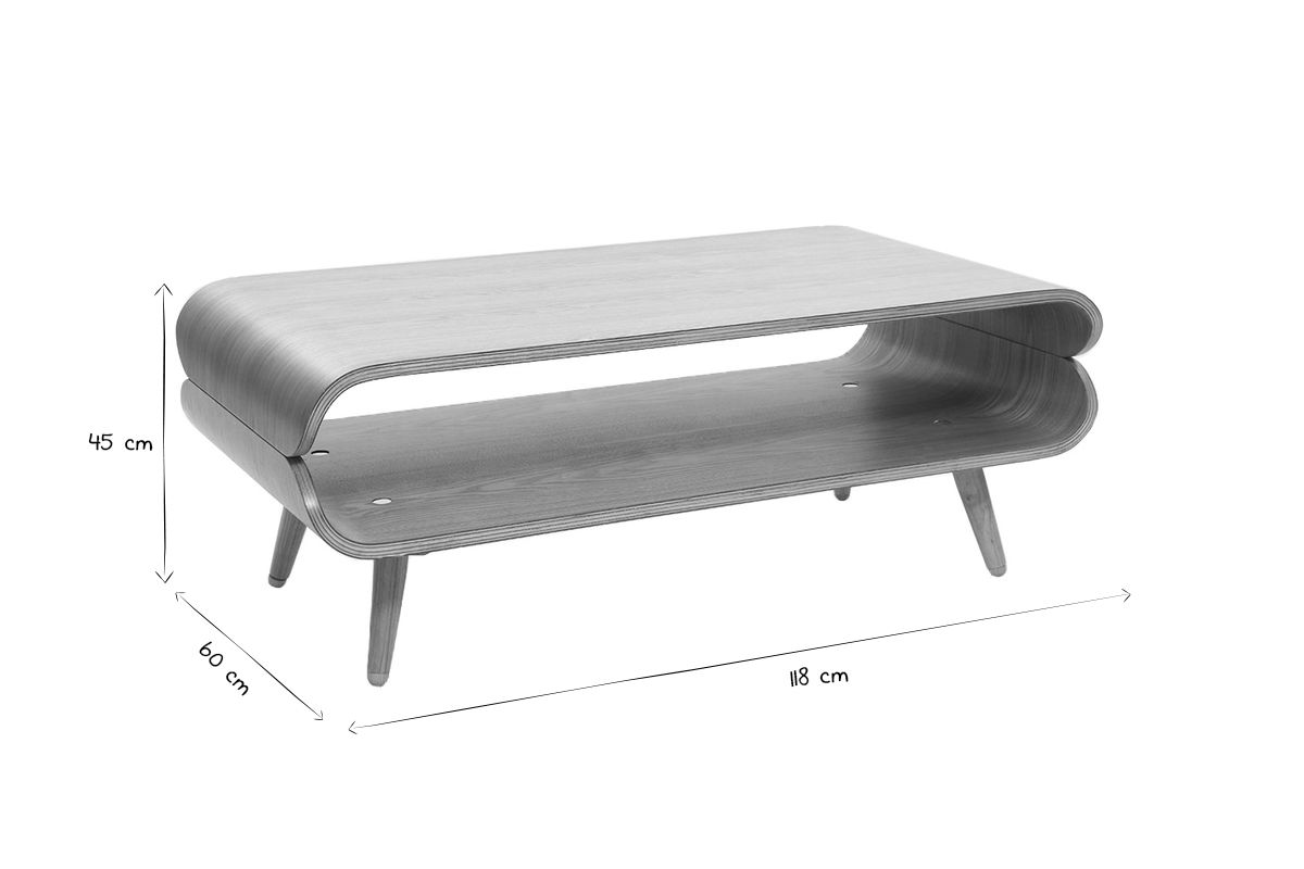 Dimensions de la table basse rectangulaire scandinave TAKLA en noir et blanc, L118 cm, H45 cm, P60 cm.