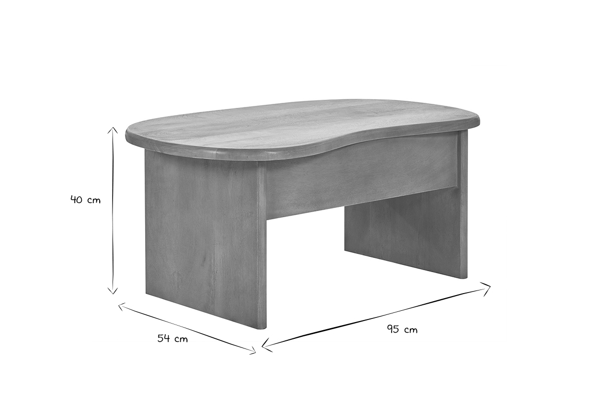 Table basse relevable en bois vue profil avec dimensions 95x54x40 cm en noir et blanc.