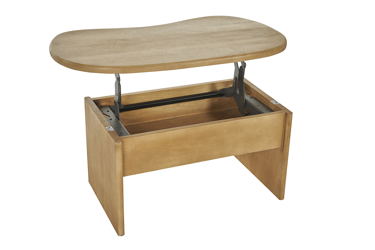 Table basse haricot en bois manguier, plateau relev�, vue de haut.