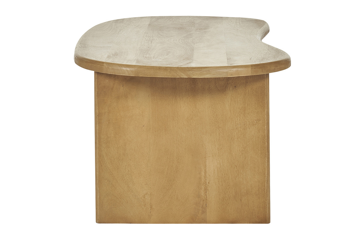 Table basse relevable en bois manguier vue de c�t�, design haricot.