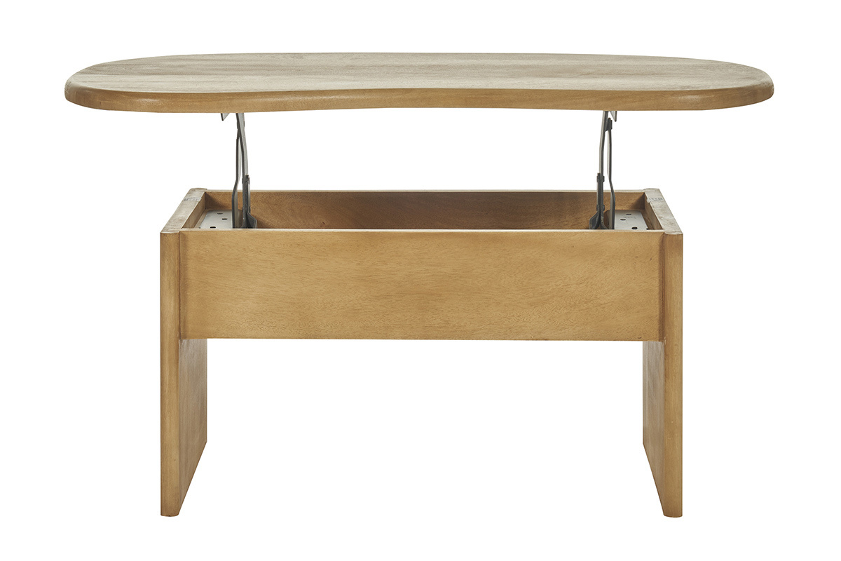 Table basse en bois manguier relev�e, vue de face, rangement ouvert.